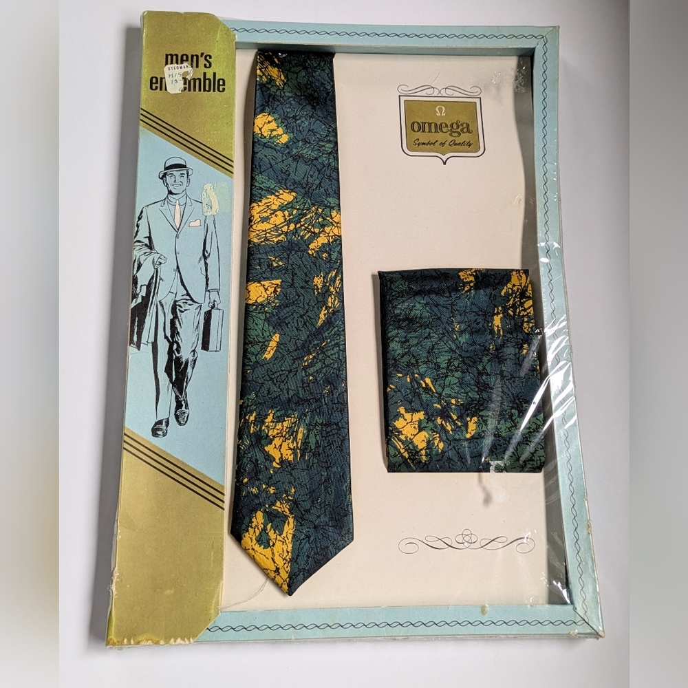 Vintage Skinny Tie Set Omega Men's Ensemble 1968 New In Box Retro Mod Formal